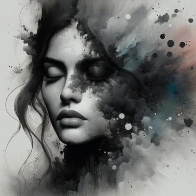 The primary subject of the image is a woman with long hair. She is wearing a black shirt and has a thoughtful expression on her face. The setting is a black and white background, which adds a dramatic and artistic touch to the scene. The visual style is a combination of digital art and illustration, creating a unique and captivating portrait. The colors and mood of the image are predominantly dark and moody, with the woman's hair and the background being the main sources of contrast and light.